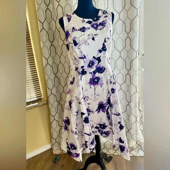 EUC DKNY White & Purple Floral Handkerchief Hem Fit-&-Flare Dress - Picture 4 of 16